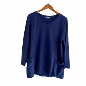 Habitat V-Neck Tunic Top Sz L Blue Pockets Minimalist Artsy Lagenlook Boho Chic
